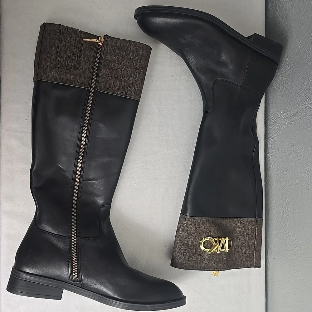 Michael‎ Kors Parker Logo Knee-High Boots Womens Size 10M Leather Gold Monogram